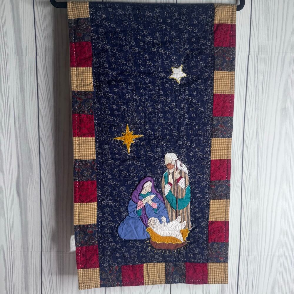 VTG Cotton Christmas Quilted Table Runner Nativity 15 x 53